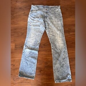 Men's Light Blue Washed Jeans - Classic Straight Fit, linen 50% Cotton 50% 34x32